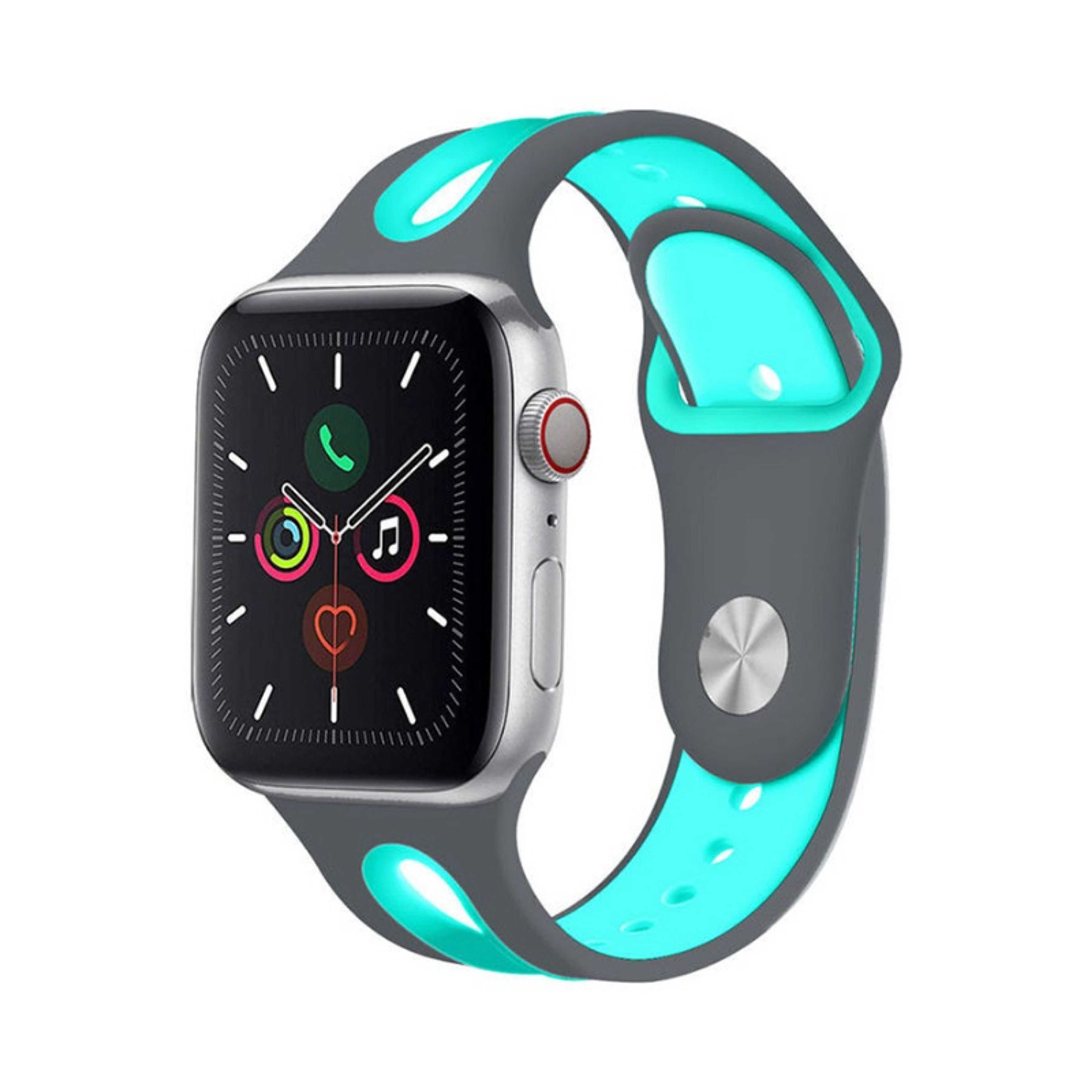 Promate Silicone Watch Strap, Sporty Dual Toned Soft Rubber Sweat Resistant Replacement Apple Watch 38mm/40mm Band with Adjustable Pin and Tuck Closure for Apple Watch Series 1/2/3/4/5 Medium/Large, HIPSTER-38SM Grey Turquoise - Product Main Image