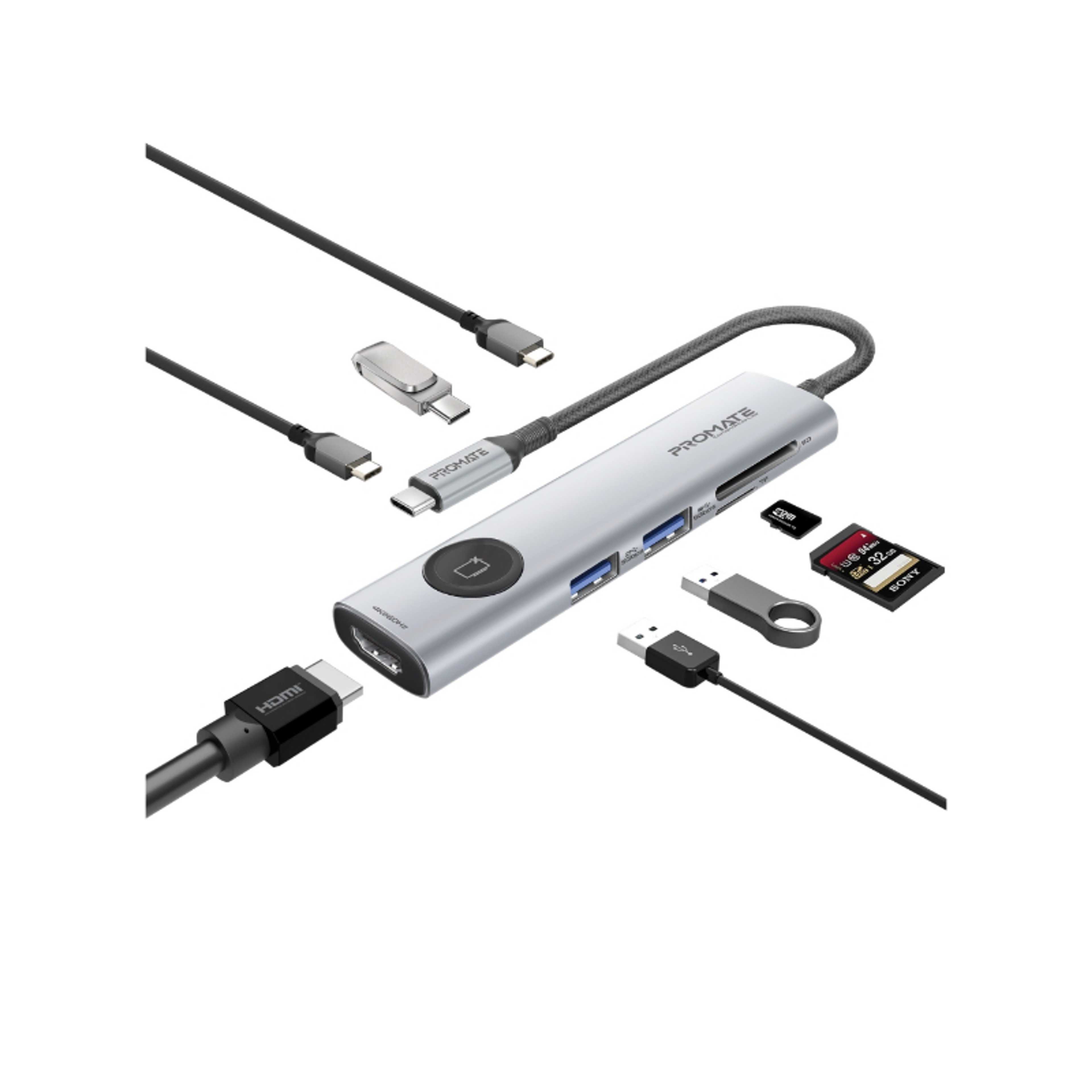 9-in-1 High Speed ​​USB-C Data Hub, Dual 5Gbps USB-C / A Ports, 100W USB-C Power Delivery, 4K@60Hz HDMI Port With Control Button, SD/TF Card Slots up to 2TB, Plug and play support Grey - Product Main Image