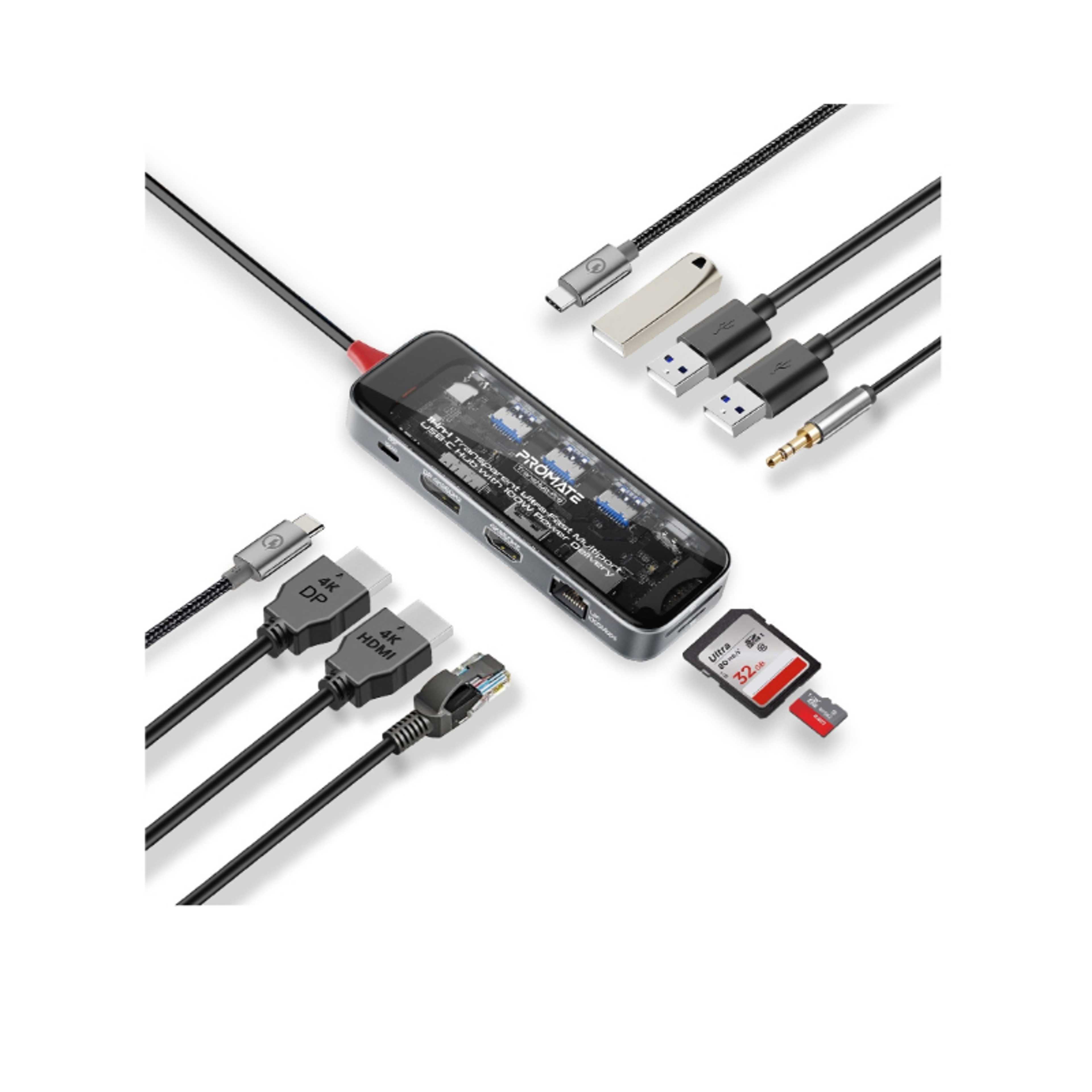 Promate USB-C™ Hub, 11-in-1 Multi-Display Hub with Dual 4K HDMI, 4K DisplayPorts, Ultra-Fast 1000Mbps LAN, AUX, SD/TF Card Slot, USB Ports, Efficient 100W USB-C™ Power Delivery, TransHub-Pro Black - Product Main Image
