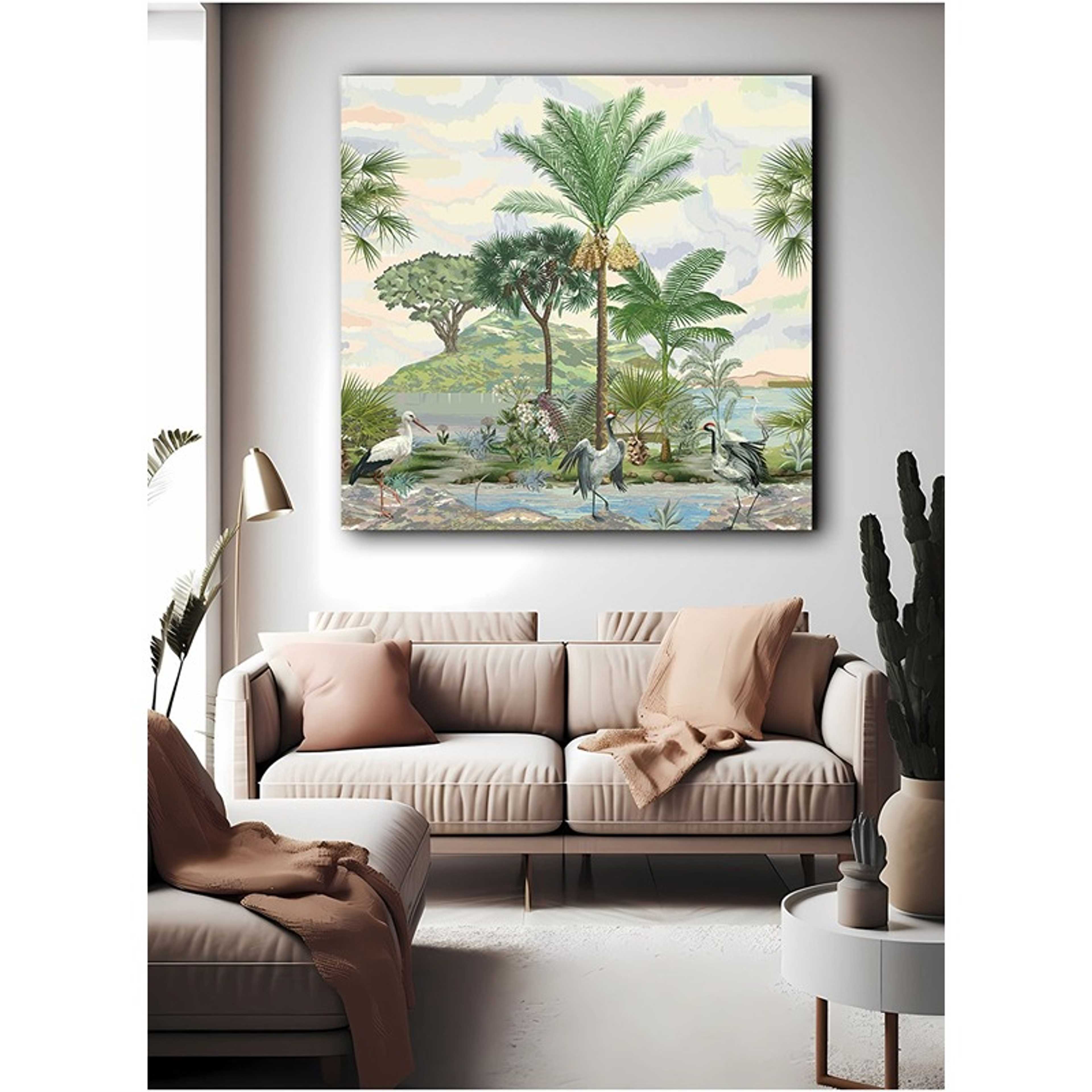 Square Canvas Wall Art Stretched Over Wooden Frame with Swan Lake Painting - Product Main Image