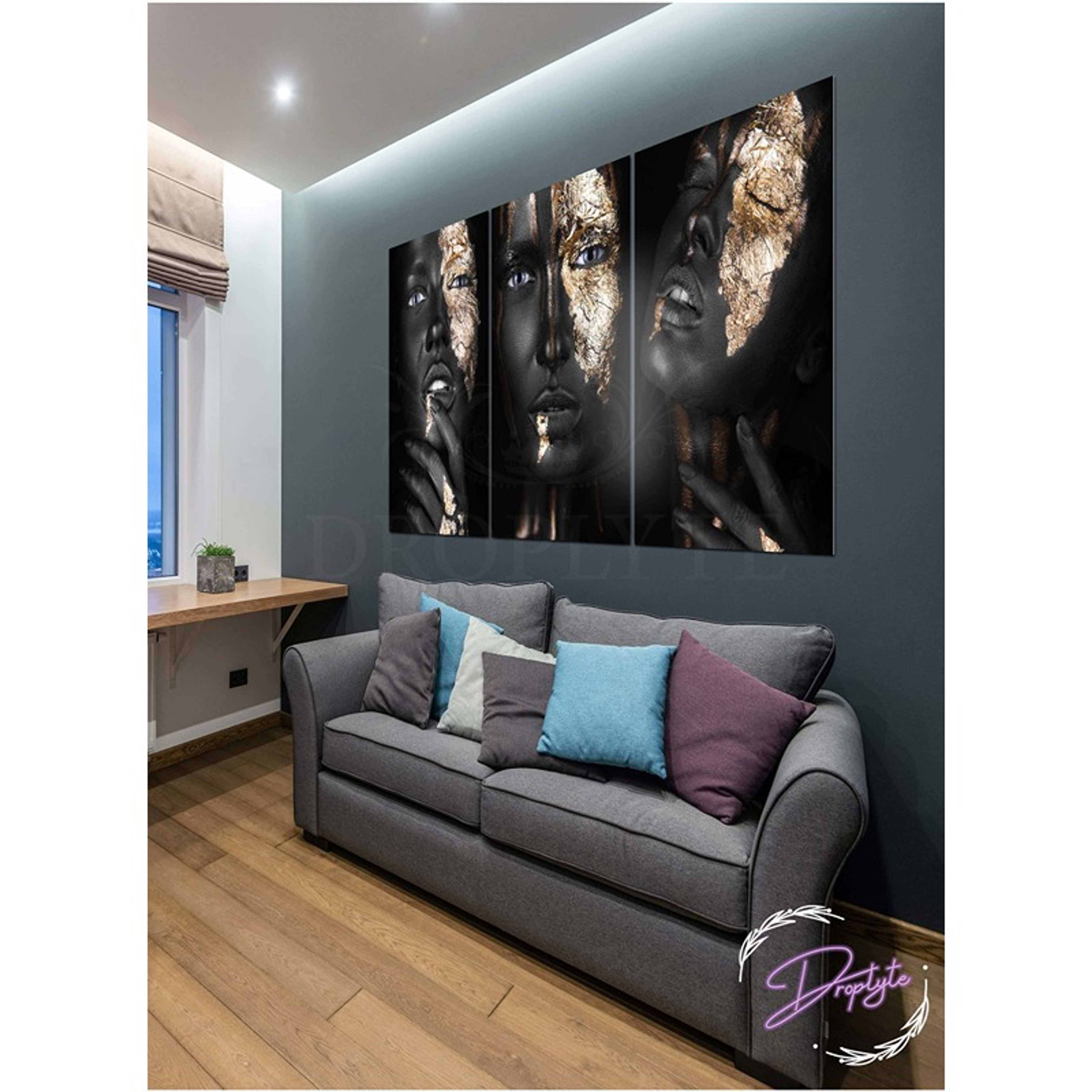 3 Pieces Golden Face Black Woman Decorative Wall Art Wall Decor Card Board MDF Home Decor for Living Room, Drawing Room, Office Room and Bedroom 120CM x 80CM - Product Main Image