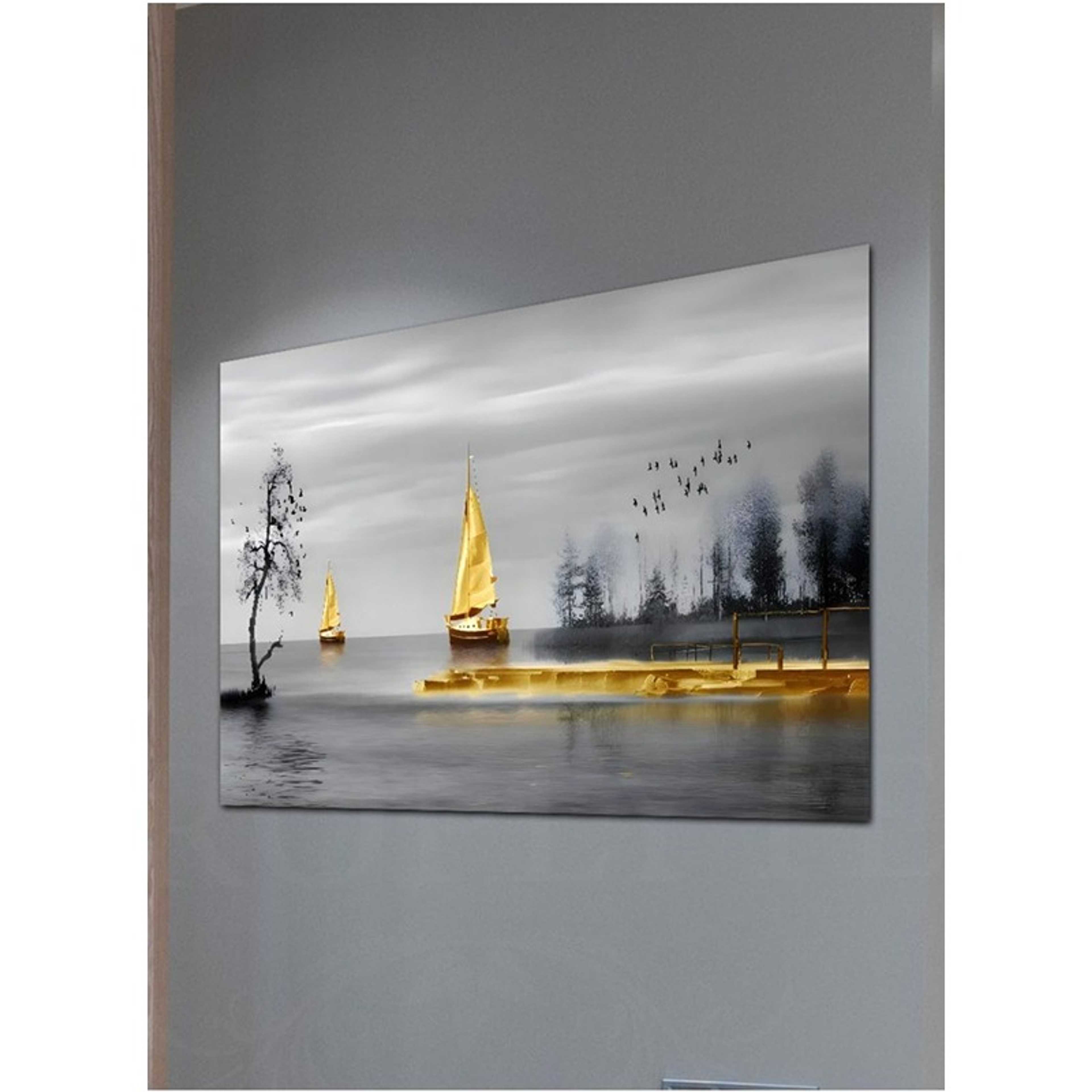 Golden Sailing Boat Digital Painting Decorative Wall Art Wall Decor Card Board MDF Home Decor for Living Room, Drawing Room, Office Room and Bedroom 60CM x 40CM - Product Main Image