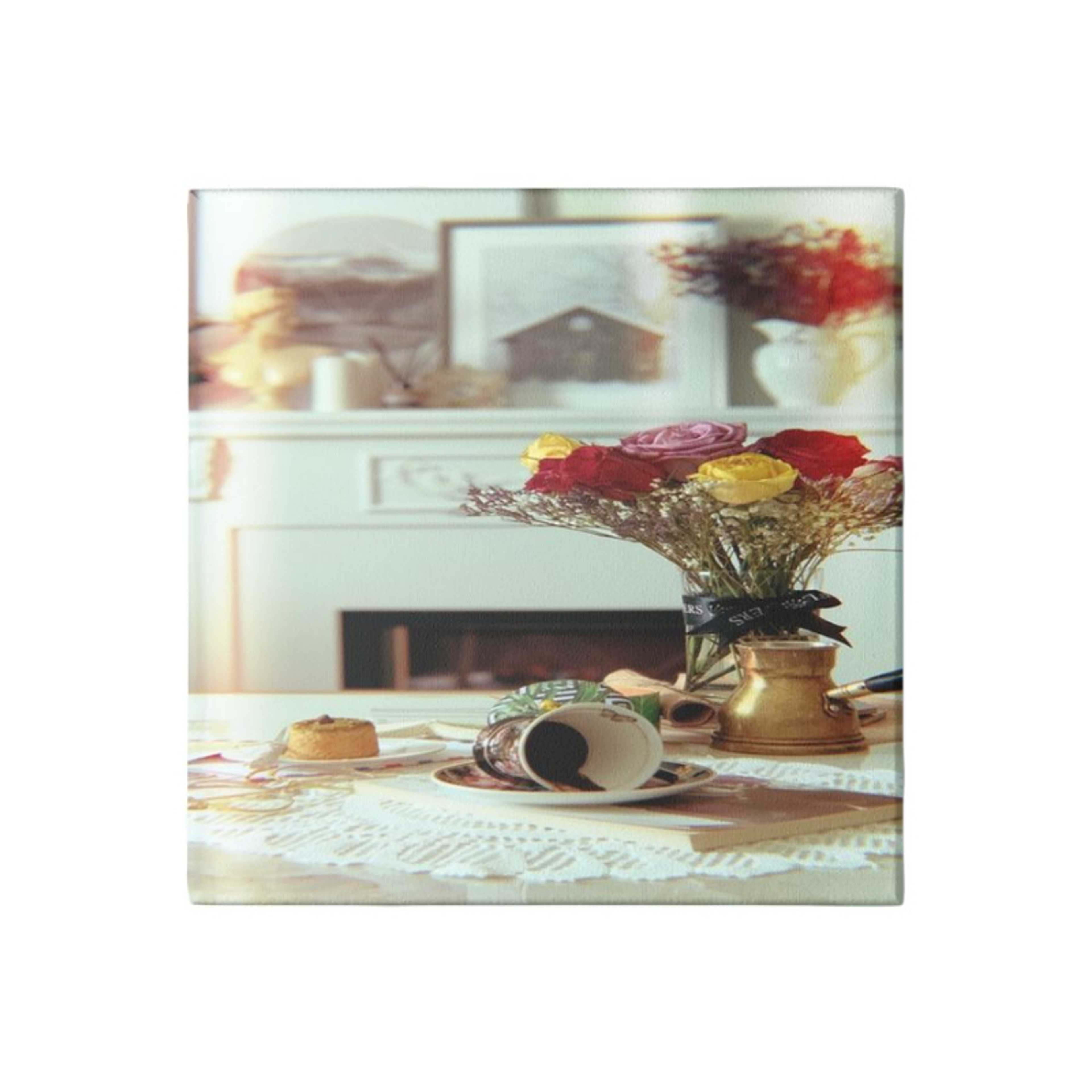 Coffee Glass And Flower Printed Canvas Wooden Wall Art Grey/Red/Yellow 30x30cm - Product Main Image