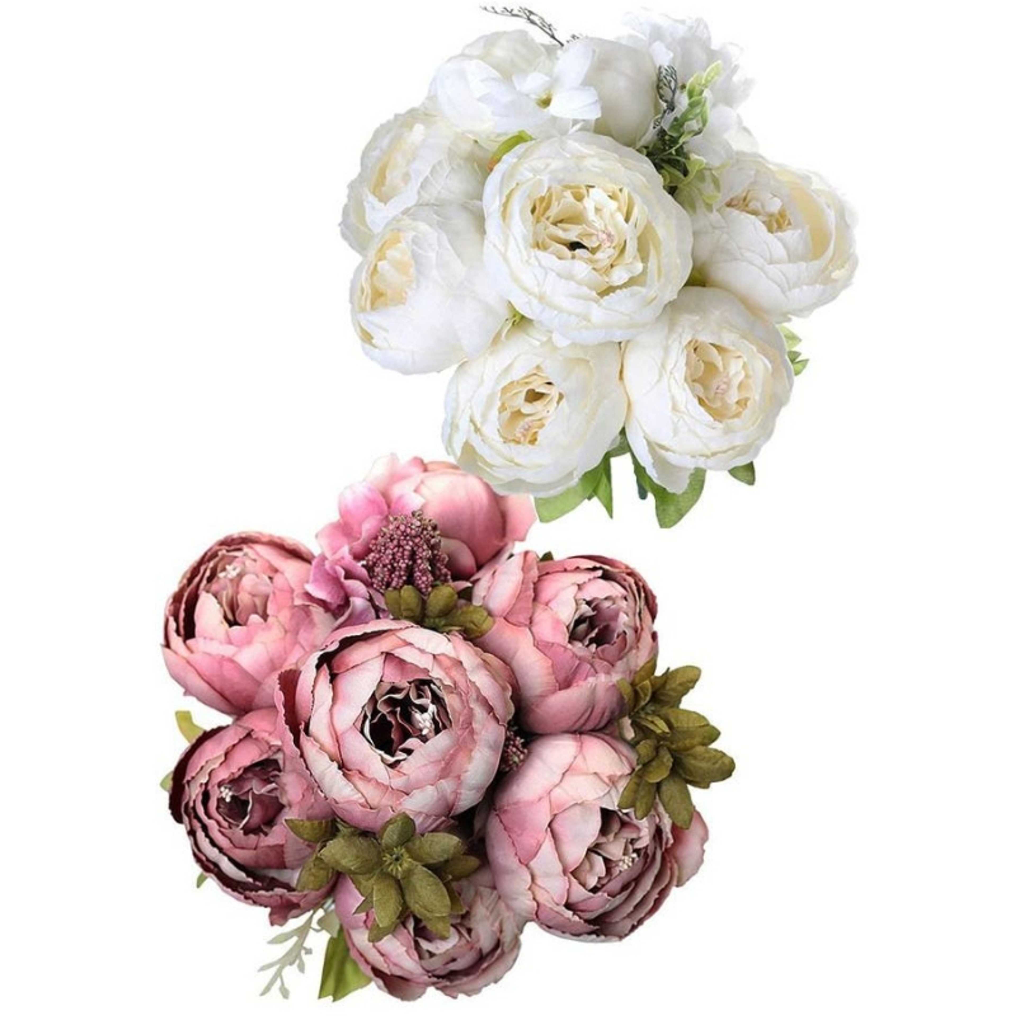 2 Bunch Milk White and Mauve Super Soft Artificial 40cm Peonies Bouquet 18Stems 18Flower Heads for Home Kitchen Bedroom & Wedding - Product Main Image