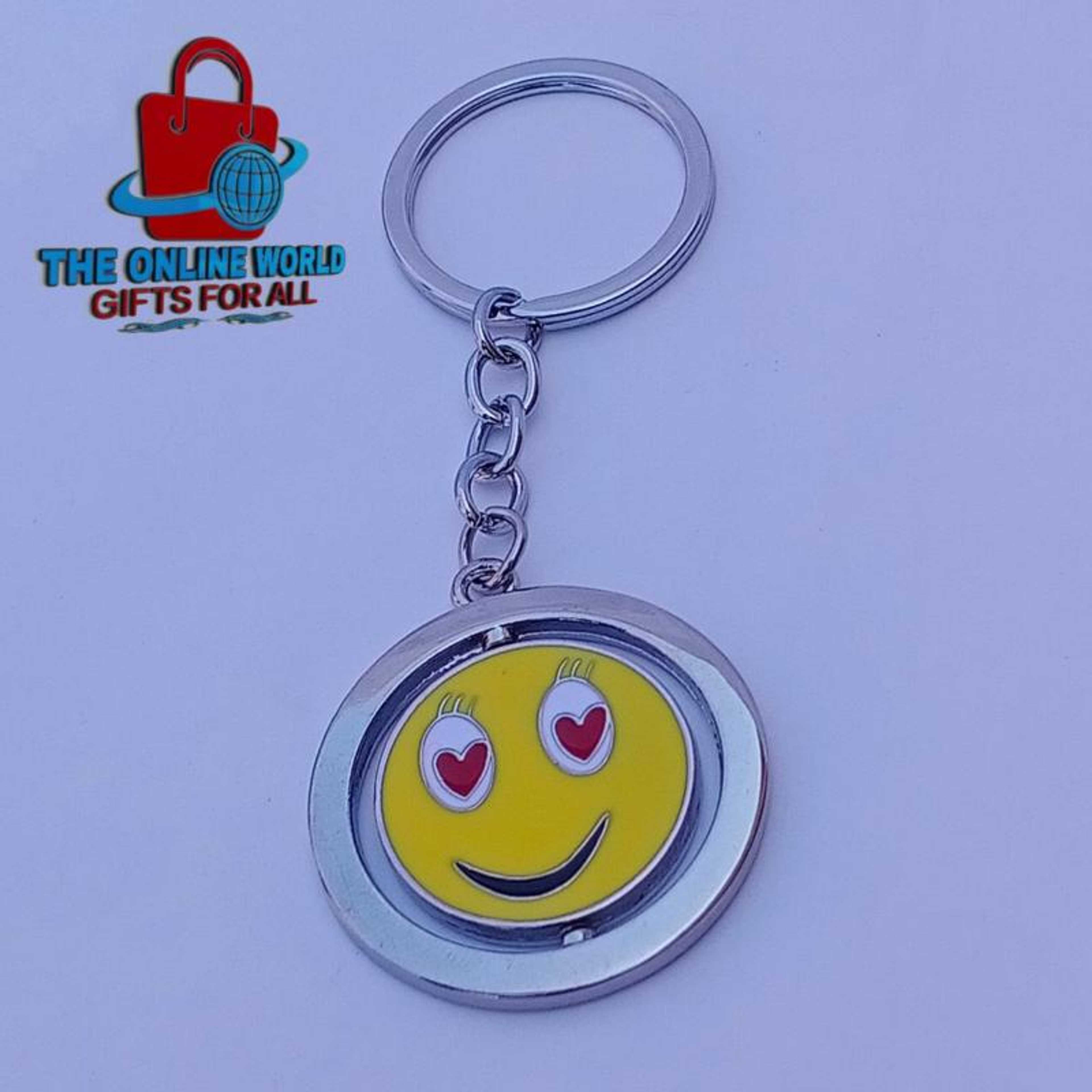 Metal Rotating Keychain Happy Smiley Face Both Sides