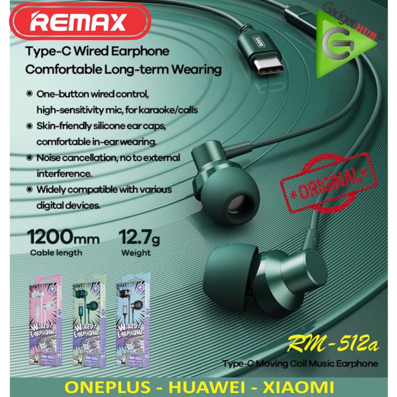 REMAX RM-512A TYPE-C EARPHONE WIRED METAL FOR MUSIC & CALL (1200MM),Type C Earphone