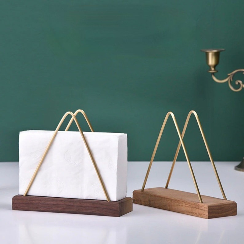 Metal holder for napkins. Stylish Modern Unique Original napkin holder. standing napkin holder, Tissue Holder/ Dinning Decoration, Classic Mouse Napkin Holder /Paper Napkin Holder for Table with Gold  metal Triangle Design & Solid Mango Wood Base