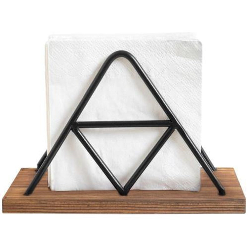 Metal and Wooden Paper Napkin Holder for Table with Gold Black Plated Wire Triangle Design & Solid Mango Wood Base
