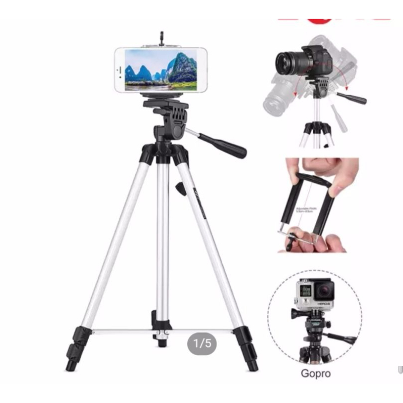 Aluminium Tripod Stand Adjustable Portable 4.5 Feet With Carry Case and Mobile Phone Holder - Silver