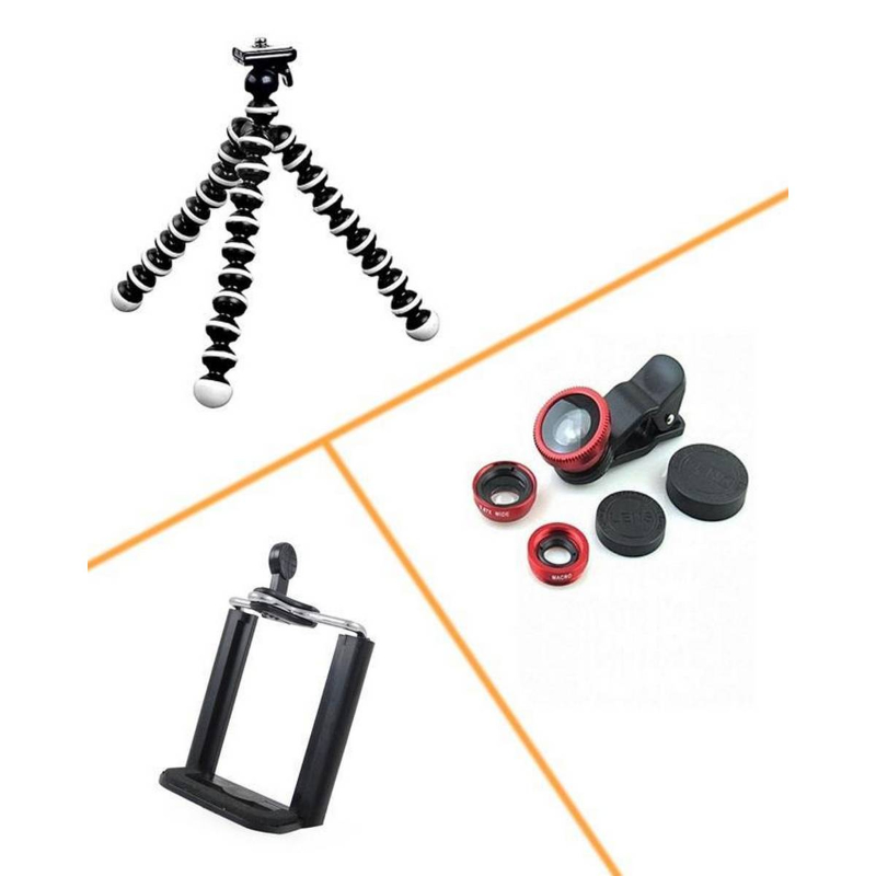 Mini Gorilla Tripod With Mobile Holder And 3 In 1 Lens Kit - Pack Of 5
