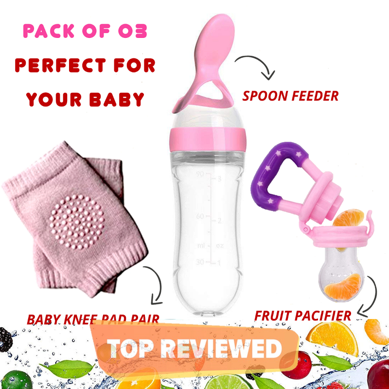 HQ Pack Of 3 - Baby Silicone Squeeze Spoon Feeder +Baby Fruit Pacifier +Baby Kneepad For Crawling Baby Feeders
