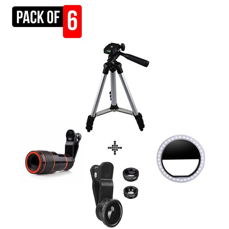 Pack of Equipments  camera  -  3110 Tripod - 8X Lens + Rechargeable 36 LEDs Selfie Ring Light + 3 In 1 Universal Clip Lens