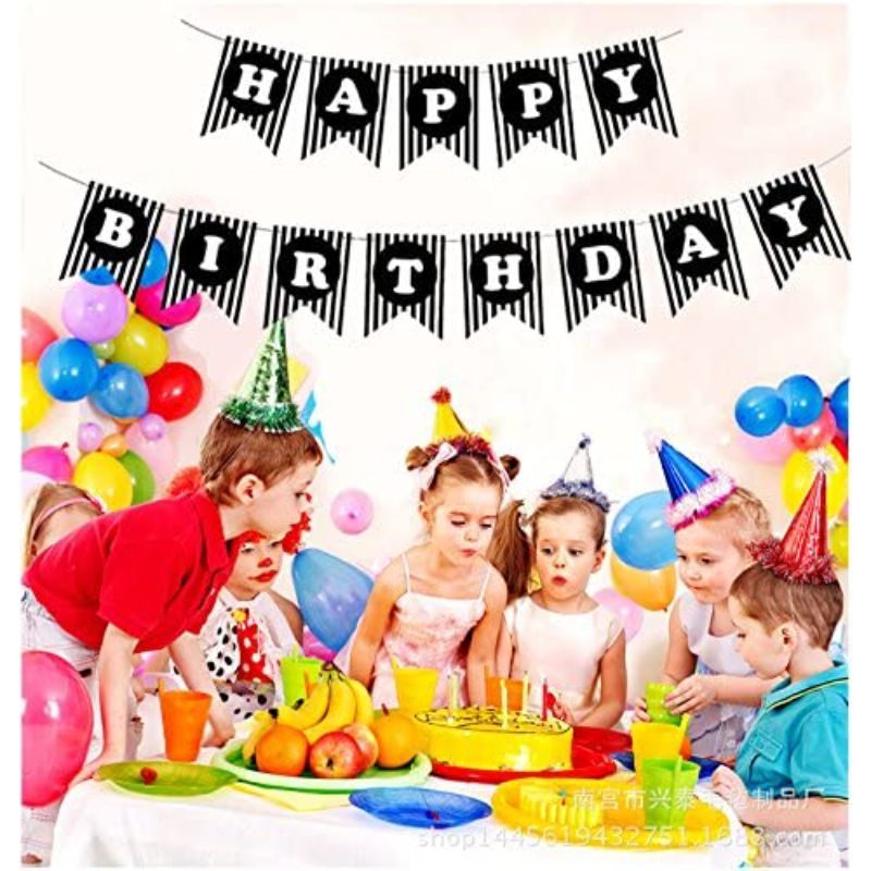 Cut Out White & Black Happy Birthday Banner, Party Banner For Kid Birthday Party Decoration