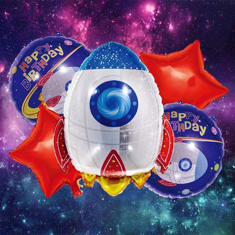 5Pcs Reusable Rocket Spaceship Space Planet Theme Rocket Shaped Helium Foil Balloons with Stars for Birthday Party Decoration Kids Gift