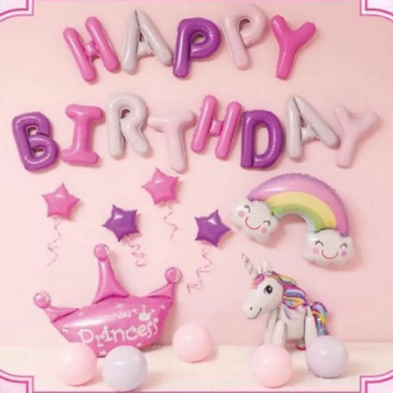 Unicorn Happy Birthday Foil Balloons Set, Unicorn Balloons Bunch Set, Pink Theme Party Decoration Set, Happy Birthday Foil Balloons & Multi Color Balloons Set