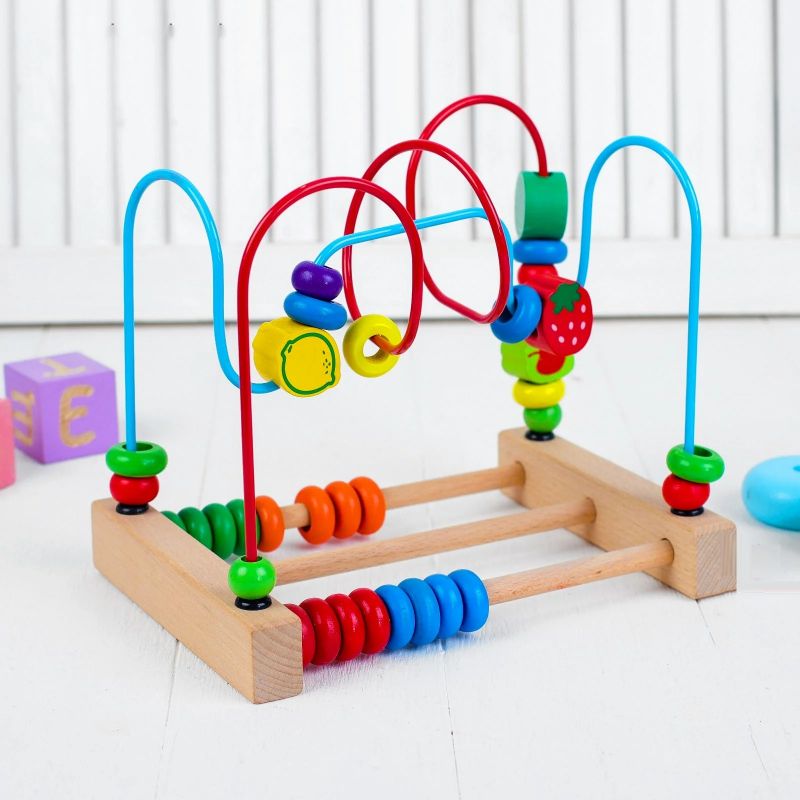 Random Themed Winding Beads Toy, Wooden Toys wit Graphics, Educational Abacus Beads Circle Toys, Wooden Trailer Around the Beads Educational Toy