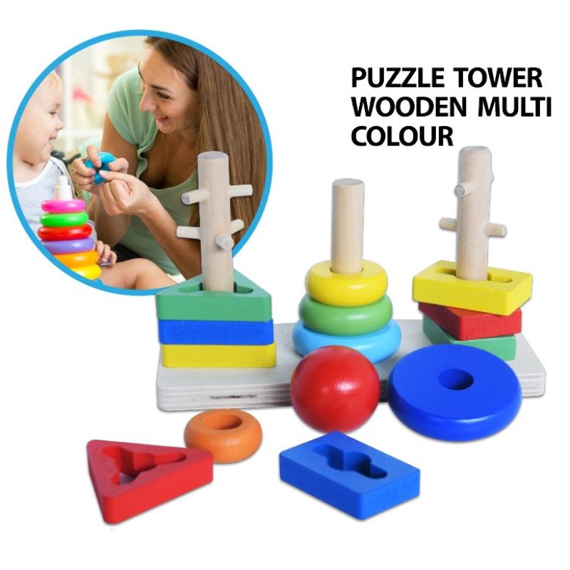 Three-column Pillar Wisdom Geometric Building Block Puzzle Set, Rainbow Three Column Shape Sorting Tower