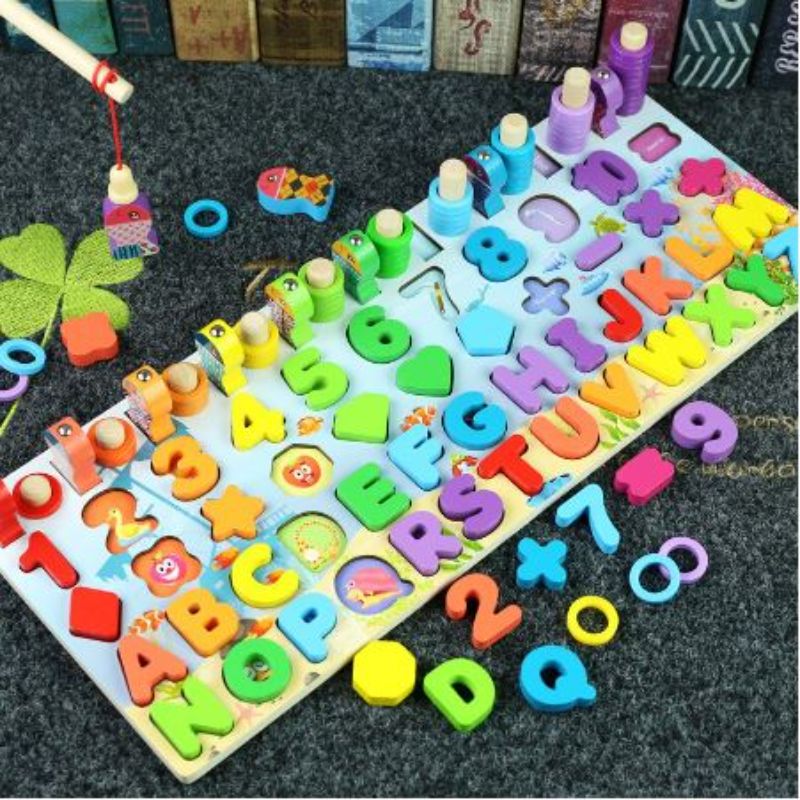 6 in 1 Wooden Montessori Learning Toy, Magnetic Fishing Game, 6-in-1 Wooden Blocks Puzzle Board Set Alphabet ABC, Numbers, Mathematical Signs and Letters for Toddlers Preschool Montessori Counting Educational Wooden Toy