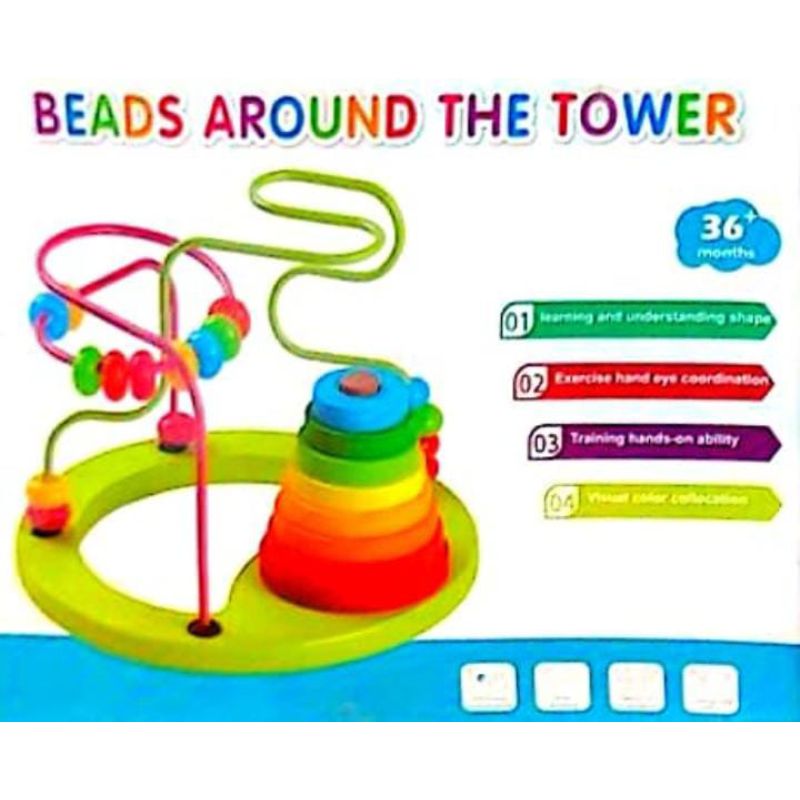 Wooden Beads Around the Tower, Wooden Toys with Colorful Beads, Educational Abacus Beads Circle Toys, Wooden Trailer Around the Beads Educational Toy