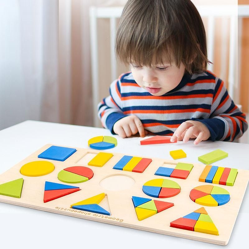 15 Grids Wooden Geometric Shapes Puzzle - Multicolor Kids Early Educational Toys, Wooden Partition Geometric Puzzle