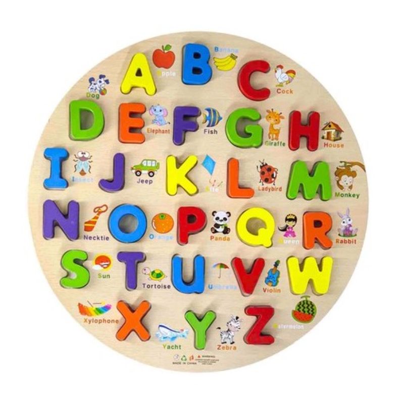 Wooden Round Alphabets Sorting Board, Wooden 3D Uppercase Alphabet Puzzle for Kids Early Educational Toys, Alphabets Puzzle Round Board