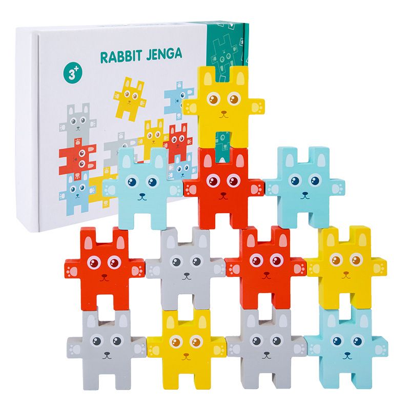 Wooden Stack Height Game, Rabbit Jenga Game, Wooden Rabbit Stacking Game With Cards, Rabbit Stacking Blocks With Cards Set