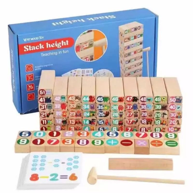 Wooden Stack Height Game, Mathematics Stacking Jenga Wooden Tower, Jenga Puzzle With Mathematical Blocks & Cards