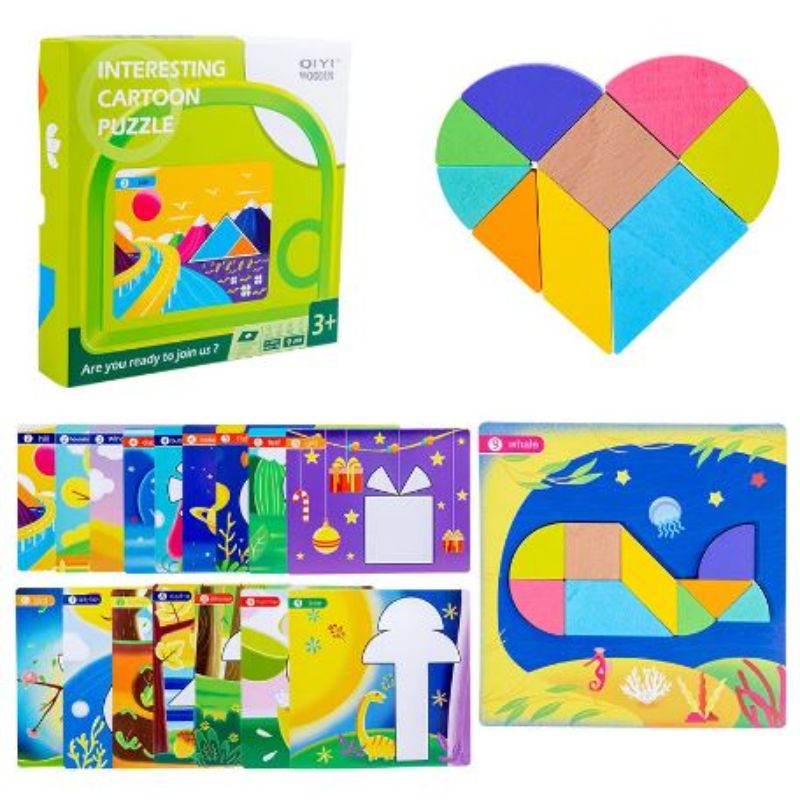 Kids Geometric Blocks Puzzle With Cards, Kids Puzzle Blocks Set, Kids Creative Wooden Puzzle Geometric Tangram Toys Baby Early Education Montessori Educational Learning Toys