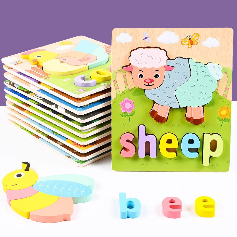 Pack of 4 - Assorted Design 3D Jigsaw Wooden Puzzles for Kids, Puzzle Board With Corresponding Names, 3D Wooden Jigsaw Puzzle Board