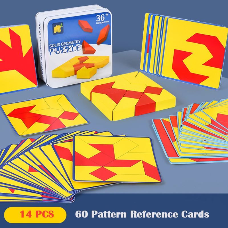 14 Pieces Puzzle Blocks Set With 60 Cards, 14 Pcs Kids Colorful Wooden Brain Training Geometric Intelligence Tangram Jigsaw Puzzle With Box & Cards, Early Educational Toys