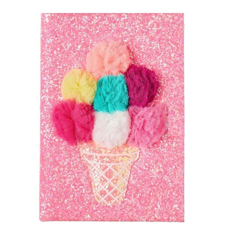 Random Color Ice-cream Cone Shape Shiny Glitter & Pompoms Diary With Pen, Kids Notebook