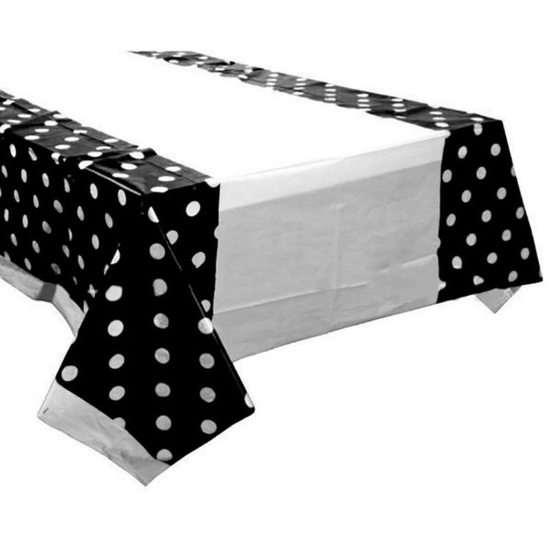 Plastic Table Cover (180 x 108 cm) For Birthday, Wedding, Engagement, Bridal Shower Party Decoration, Black Polka Dot Table Cover