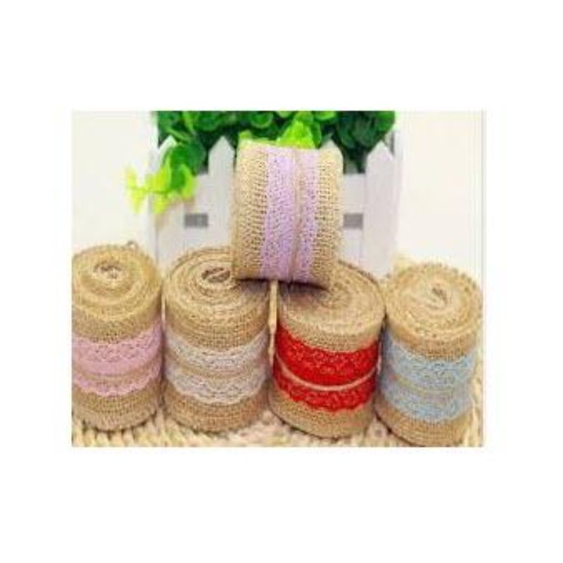 Pack of 5 - Mixed Colors and Design Natural Jute Burlap with Lace Ribbon for Arts and Crafts and Decorations