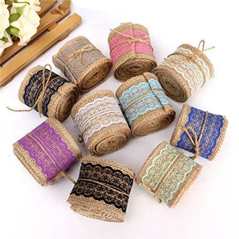 Pack of 10 - Mixed Colors and Design Natural Jute Burlap with Lace Ribbon for Arts and Crafts and Decorations