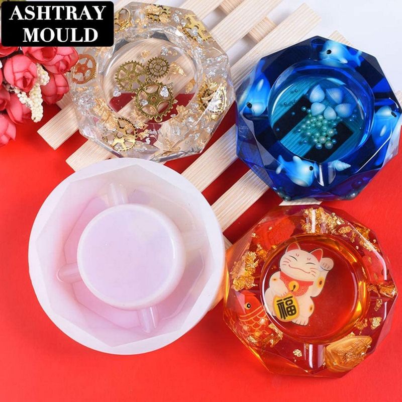 Silicone Ashtray Resin Mold, DIY Silicone Round Crystal Diamond Edges Cigarettee Ashtray Resin Molds, Round Resin Casting Mold, Full Mirror Transparent DIY Ashtray Resin Moulds