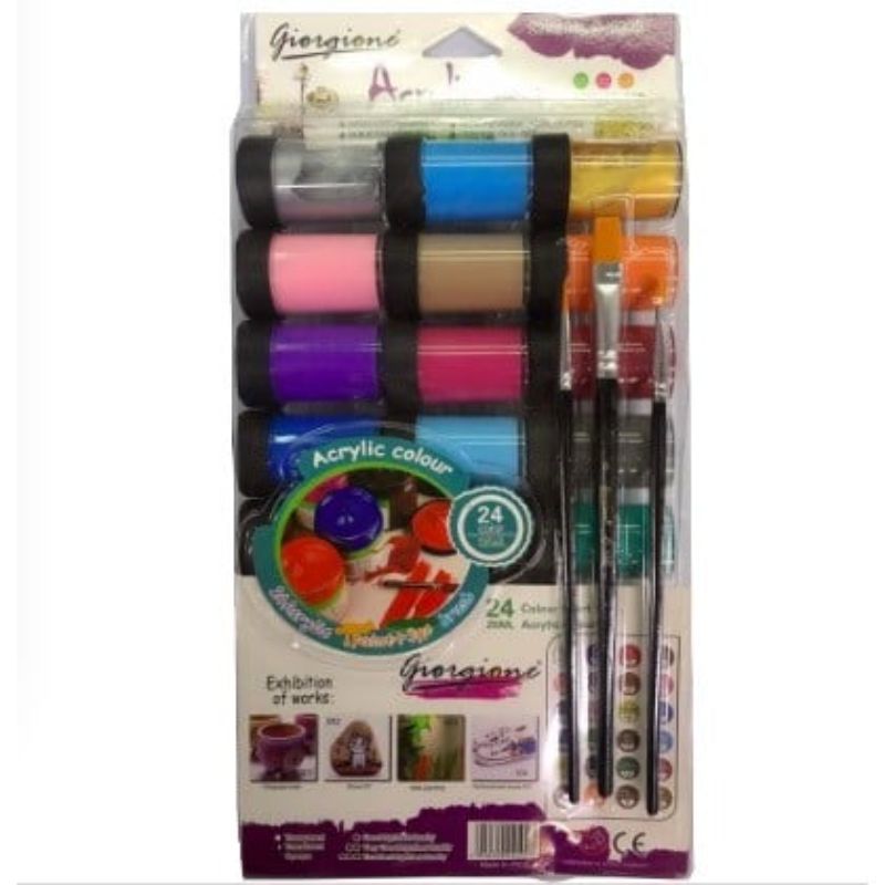 Set of 24 - Multicolor Acrylic Paints With 3 Paint Brushes