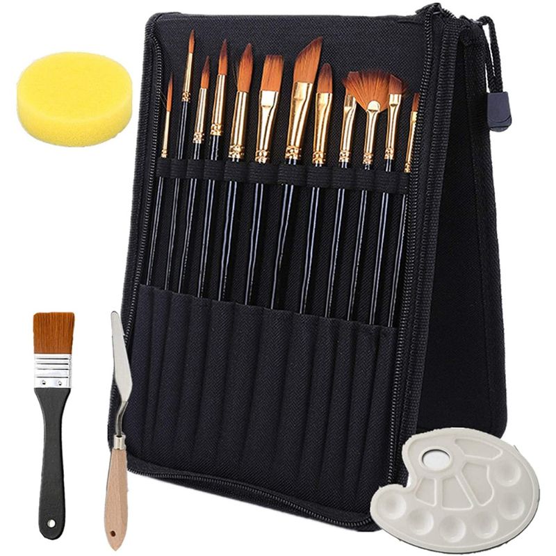 17 Piece's Paint Brush Set, Professional Oil Paint Brush Set With Palette For Watercolors, Sponge, Canvas Brush, Palette Knife And Zippered Case, Nylon Hair Painting Brush, Artist Paint Brushes