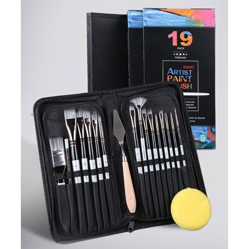 19 Piece's Paint Brush Set, Professional Oil Paint Brush Set With 2B Pencil, Sponge, Palette Knife And Zippered Case, Nylon Hair Painting Brush, Artist Paint Brushes