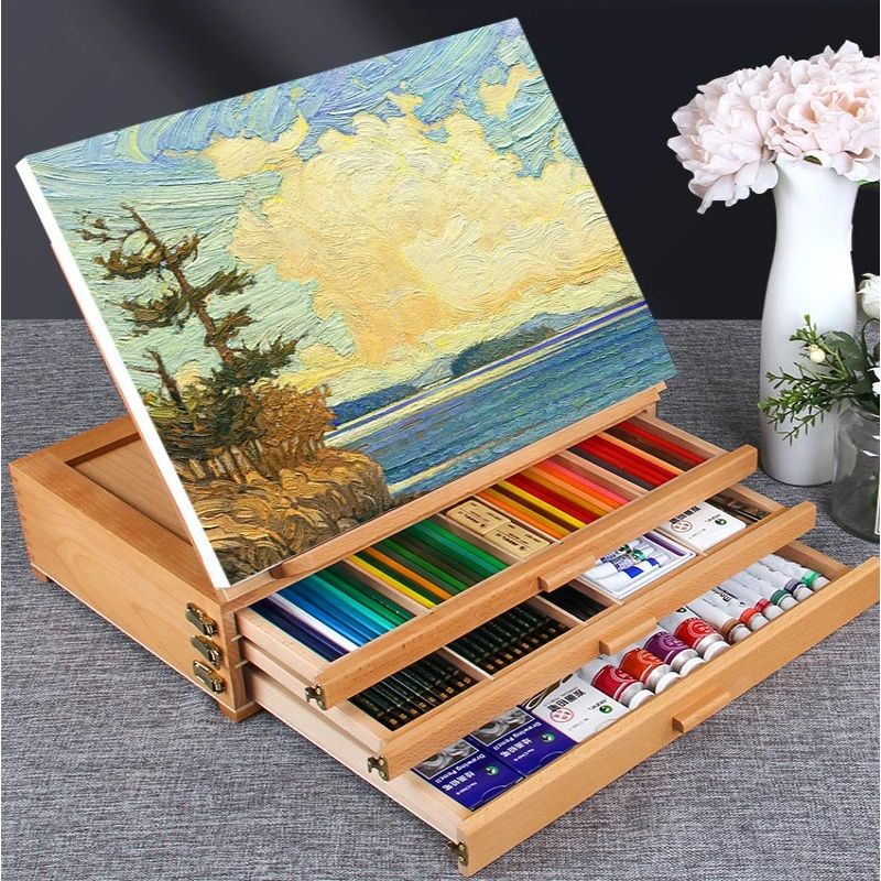 Adjustable Wood Table Sketchbox Easel Box With Drawers, Desktop Easel & Wooden Art Tabletop Box for Drawing, Painting, and Sketching with 3 Front Drawers for Supplies Storage