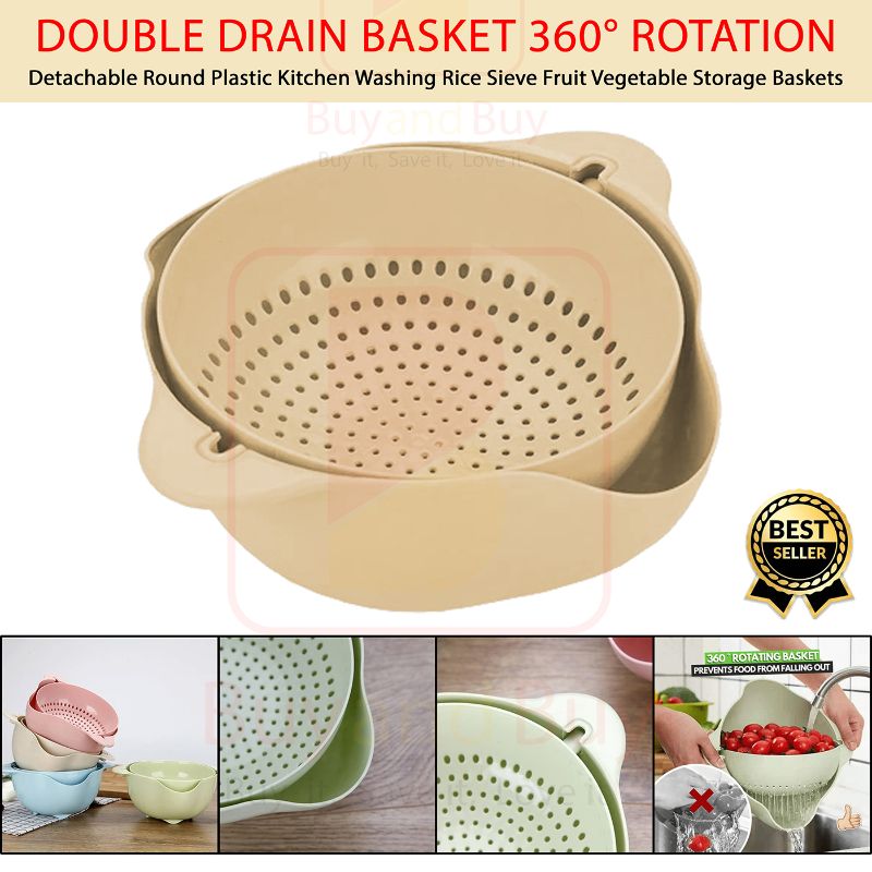 Double Drain Basket 360° Rotation Detachable Round Plastic Kitchen Washing Rice Sieve Fruit Vegetable Storage Baskets