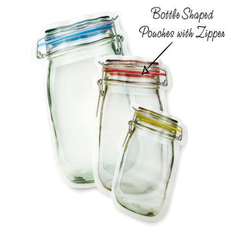 Pack of 3 Mason Jar Shaped Food Container Plastic Bag Clear Mason Bottle Modeling Zippers Storage Snacks Plastic Box