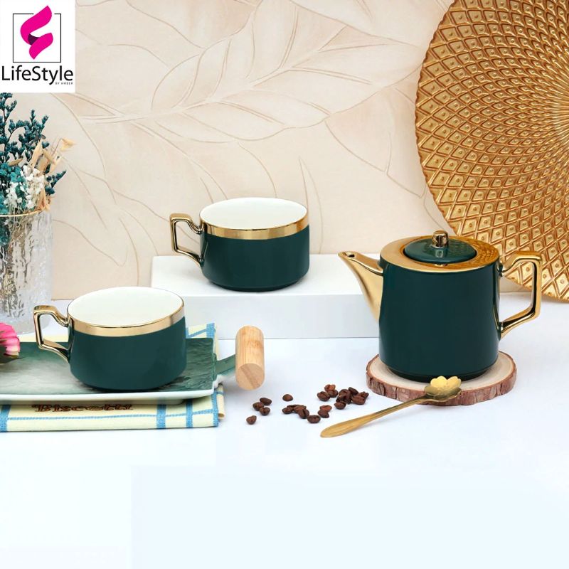 SNOOPY STACKABLE GOLD RIMMED GREEN TEA POT SET
