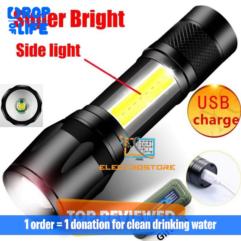USB Rechargeable Zoomable LED Flashlight Camping Torch Lamp With Case Box