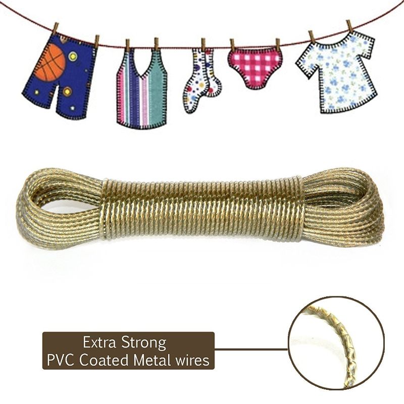 Clothes Line Rope with2 Hooks - Clothes Washing Line 20M Rope Strong Steel Core Camping Outdoor Utility