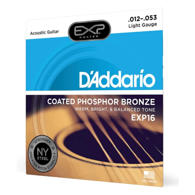 D’Addario EXP16 Coated Phosphor Bronze Acoustic Guitar Strings Set, Light, 0.12-0.53