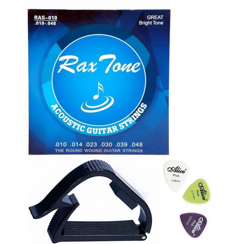 RaxTone Acoustic Guitar Strings Set (.010-.048) + Alice Guitar Capo + Alice Guitar Picks 3/Pcs- Guitar Accessories Pack - Musical Instruments Accessories