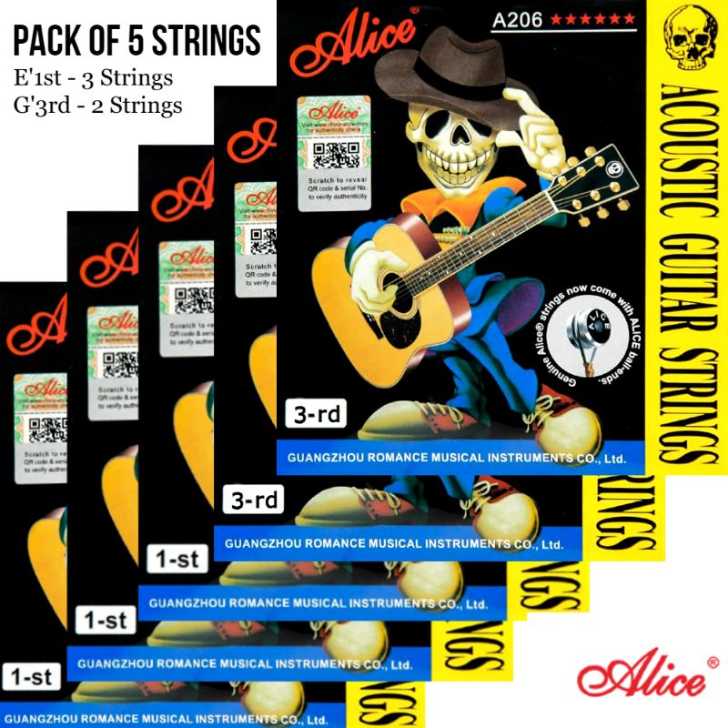 Alice Strings - 3 E-1st & 2 G-3rd Guitar strings (Pack of Five) - 3 E-1st Strings - 2 G-3rd Strings - (.011) (.024)