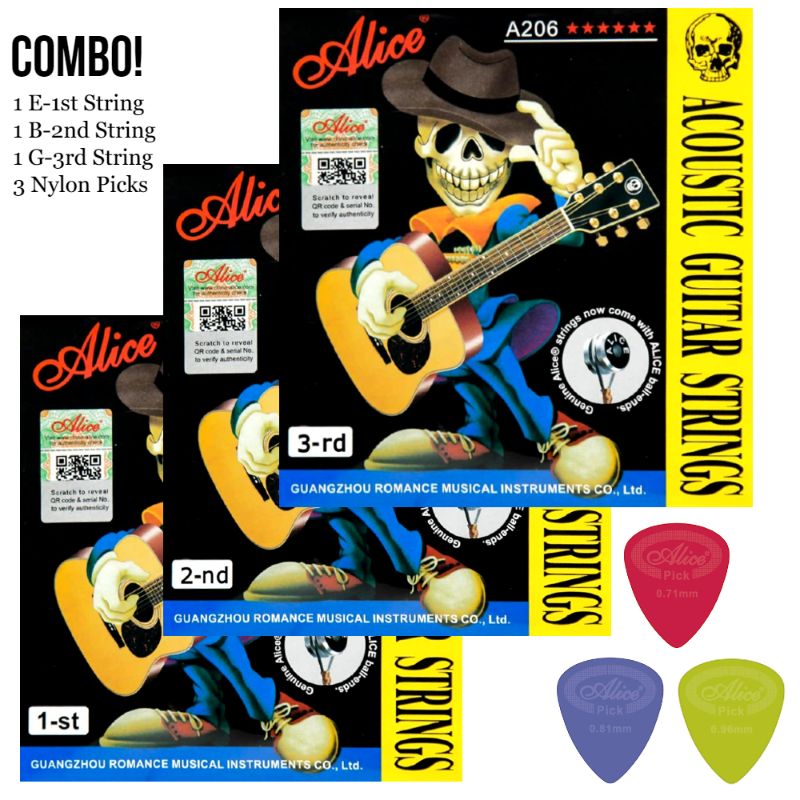 Alice Guitar Accessories Combo - 1 E-1st, 1 B-2nd, 1 G-3rd & 3 Embossed Nylon Guitar Picks - Perfect guitar combo - Original Alice