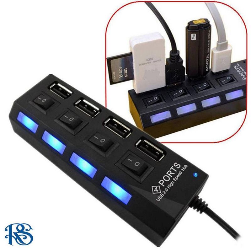 LED 4 Port USB 2.0 Hub High Speed Power On/Off Button Switch for Laptop PC