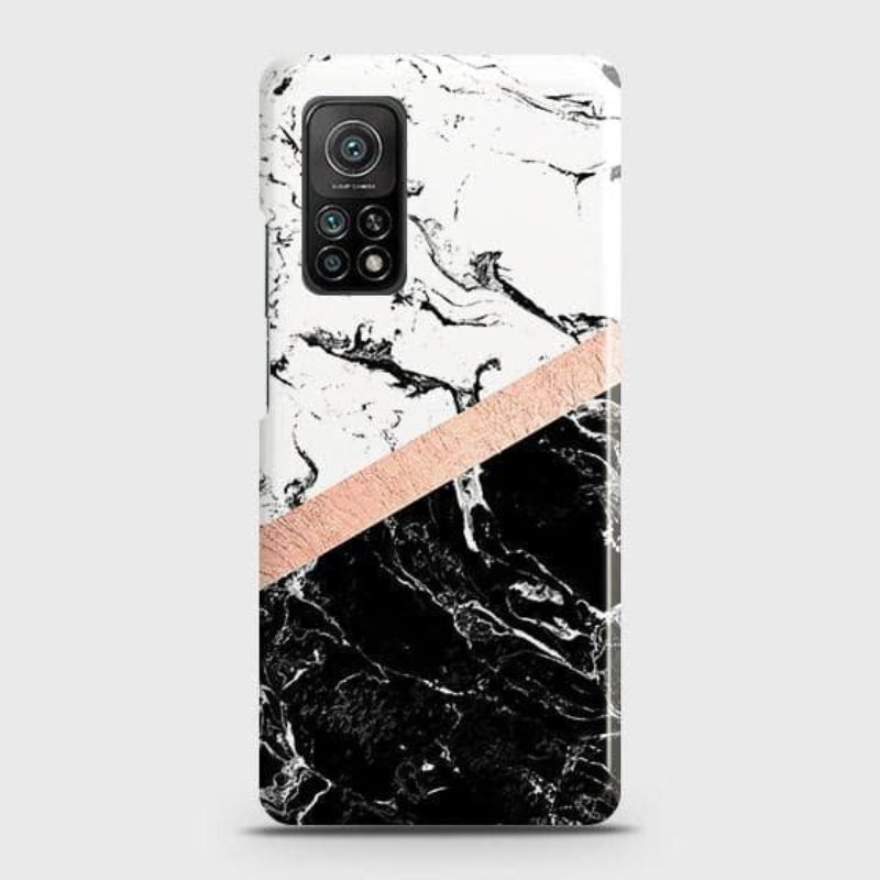Xiaomi Mi 10T Cover - Black &amp; White Marble With Chic RoseGold Strip Case with Life Time Colors Guarantee